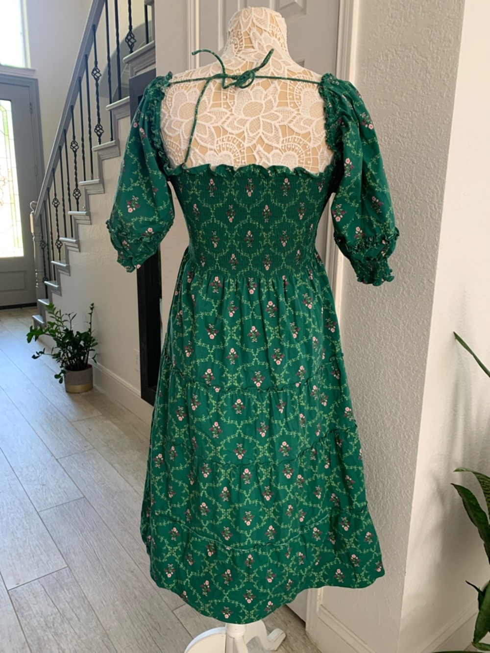 Hill House Nesli Nap Dress Emerald Trellis Smocked Floral Midi Medium - Picture 4 of 8